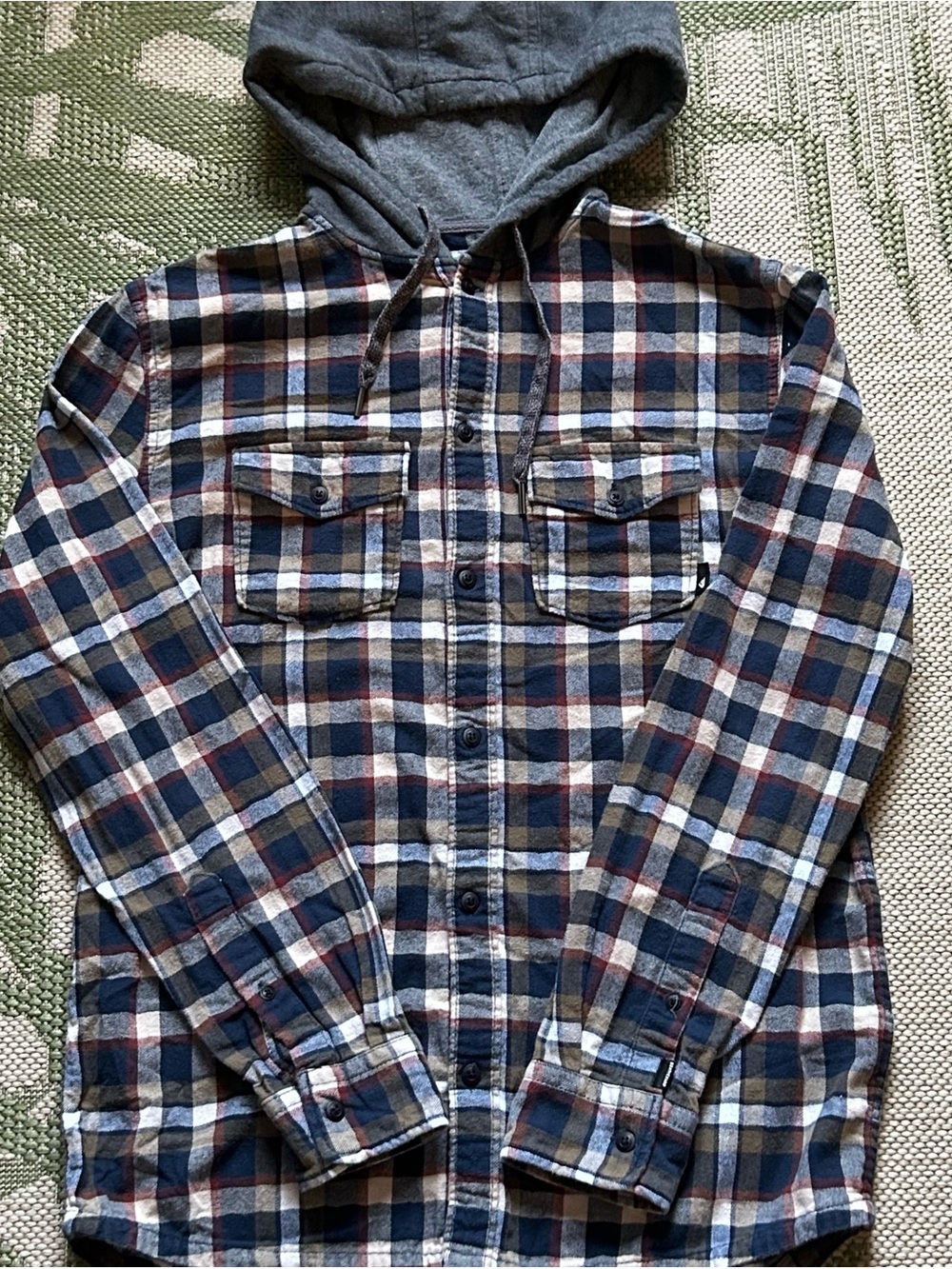 Quiksilver Hooded Plaid Flannel Shirt Jacket - Navy, Taupe & Burgundy size S
